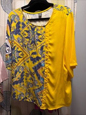SHEIN Yellow Paisley Mix-Panel Button Front Blouse